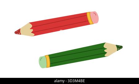 Colored pencils isolated on a white background. Red and green pencils. Stock Vector