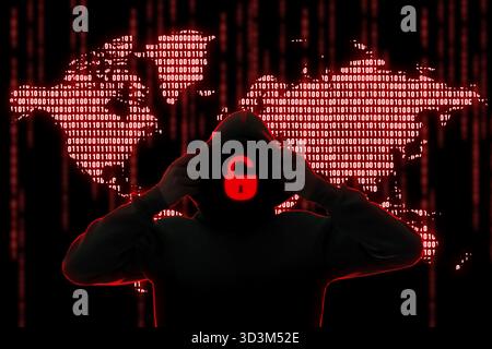 Cyber attack. Hacker with lock instead of face. World map of binary code behind him Stock Photo