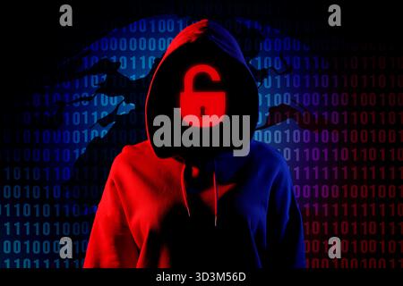 Cyber attack. Hacker with lock instead of face. Globe and binary code behind her Stock Photo