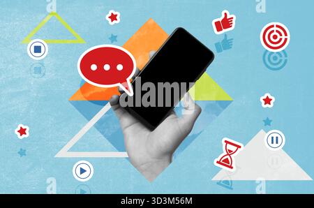 Content manager. Smartphone in man's hand and icons on light blue background, creative collage Stock Photo
