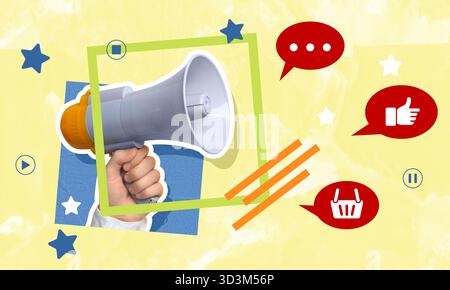 Content manager. Megaphone in man's hand and icons on color background, creative collage Stock Photo