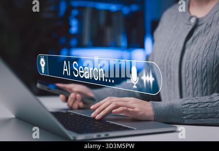 AI search and voice assistant technology concept. Person using laptop and smartphone with virtual search bar, representing artificial intelligence, Stock Photo