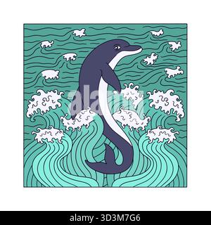 Art nouveau style dolphin jumping from sea waves hand drawn vector illustration Stock Vector