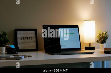 Middle Aged Gray Hat Hacker Minting Crypto Meme Coin for Potential Rug Pull Concept - Cryptocurrency Idea Based Around Creating New Coin Gets Virus Stock Photo