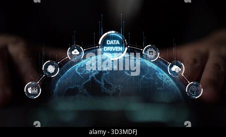 Data-driven decision-making empowers business through analytics, datum collection, and AI systems. Data driven tools support cloud data processing and Stock Photo
