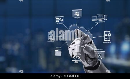 A robotic hand reaching towards cloud computing icons showcases advanced technology in a modern workspace, emphasizing innovation and user-friendly Stock Photo