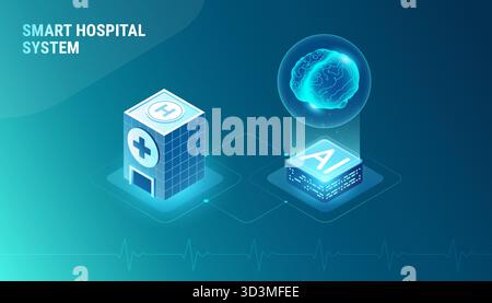 AI Connected Hospital - Smart healthcare technology concept infographics - Modern hospital connected to AI core systems and data networks - vector med Stock Vector