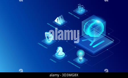AI for Business Processes concept infographics - AI brain icon connected to cybersecurity, risk management, business strategy, market analysis, and cu Stock Vector