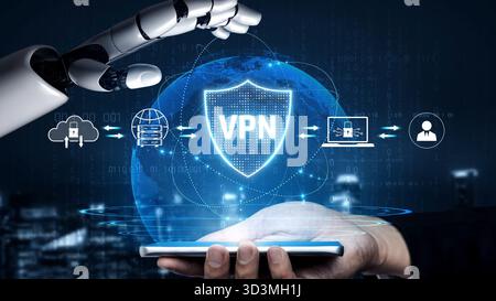 AI improves VPN by monitoring traffic, detecting risks, encrypting sessions, and optimizing routing to ensure private, secure, and efficient network Stock Photo