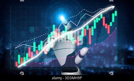 A robotic hand interacts with dynamic financial charts, showcasing market growth and data analysis in a high-tech digital environment, symbolizing Stock Photo