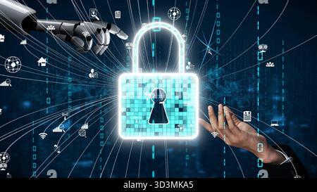 A captivating visual representation of cyber security featuring a robotic hand reaching for a digital padlock while a human hand interacts Stock Photo