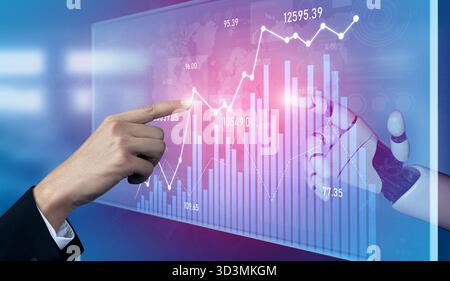 Advanced Technology in Business Analytics with Human and Robot Collaboration Analyzing Growth and Trends in Digital Finance Management Scalp. Stock Photo