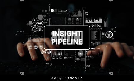 Hands Typing on Keyboard with Data Visualization Elements and Insight Pipeline Text in a Modern Digital Environment. Asymptotic smart data analytic. Stock Photo