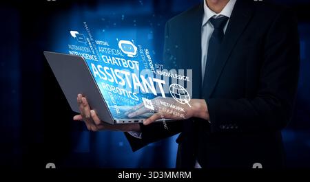 A professional wearing a suit holds a laptop displaying virtual concepts related to automation, chatbots, and knowledge systems, symbolizing Stock Photo