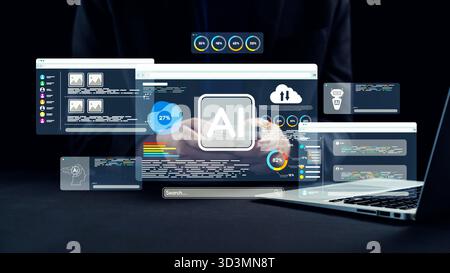 A sleek laptop displaying a futuristic interface with artificial intelligence metrics. The image showcases data analysis, enhancing business insights Stock Photo