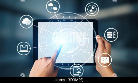 Cloud backup system connects devices through a secure data backup network. Data backup ensures protection, data backup reliability, and recovery. Gist Stock Photo