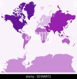 Map of the world with continents. Just a simple border map with continent division. Purple color palette. Stock Vector