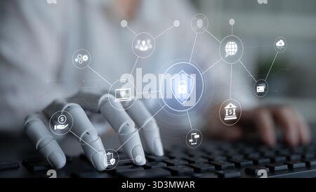 An AI assistant manages a comprehensive cybersecurity network. This smart system provides total protection for digital finance, cloud data, and Stock Photo