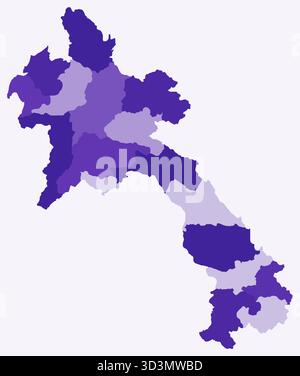 Map of Laos with regions. Just a simple country border map with region division. Deep purple color palette. Stock Vector