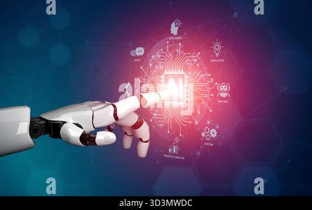 A generative AI assistant displays its core platform capabilities. This technology demonstrates its use in business automation, data analysis, and Stock Photo