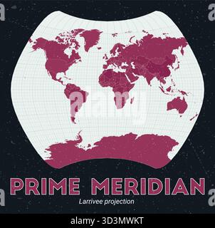 Prime Meridian. World map. Larrivee projection centered to Prime Meridian. Pale Mint Dark Pink palette. Vintage texture. Classy vector illustration. Stock Vector