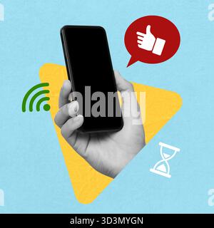 Content manager, creative collage. Smartphone in man's hand and icons on color background Stock Photo