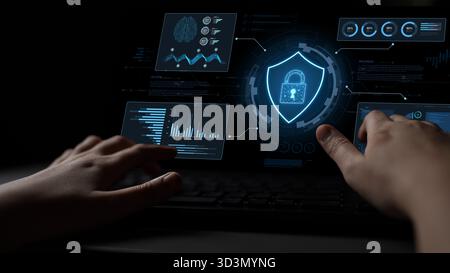 A futuristic cybersecurity dashboard for a Security Operations Center (SOC). The system monitors the network, analyzes data for threats, and provides Stock Photo