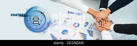 Dynamic teamwork illustrates the integration of chatbot technology in business strategy, emphasizing collaboration, data analysis, and innovative Stock Photo