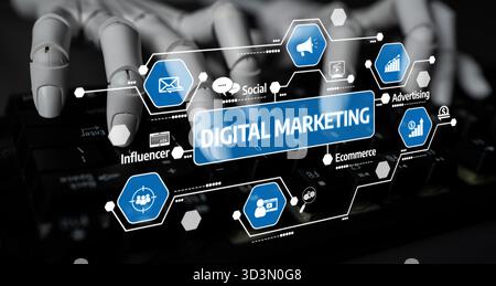 A robotic hand interacts with various icons of digital marketing, showcasing elements like social media, advertising, and e-commerce in a futuristic Stock Photo