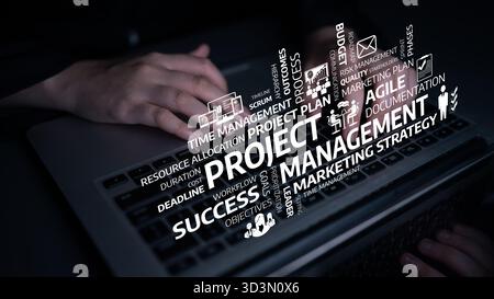 A close-up view of hands on a laptop keyboard with glowing project management keywords, illustrating the importance of organization and strategic Stock Photo