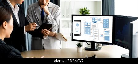 UX UI design process for brisk mobile application and website . Creative prototype of wireframe for professional app developer . Stock Photo