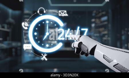 A futuristic robotic hand interacts with a glowing 24-hour clock, showcasing hours of availability and modern communication icons against a sleek Stock Photo