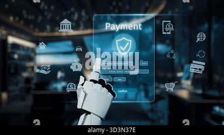 A robotic hand interacts with a digital payment interface in a sleek office environment, symbolizing advanced technology in financial transactions and Stock Photo