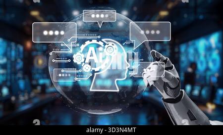 A stunning representation of advanced artificial intelligence where a robotic hand interacts with a digital brain and virtual communication bubbles in Stock Photo