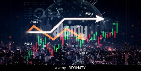Stunning abstract finance background showcasing stock market trends and candlestick charts over a vibrant city skyline, highlighting digital data Stock Photo