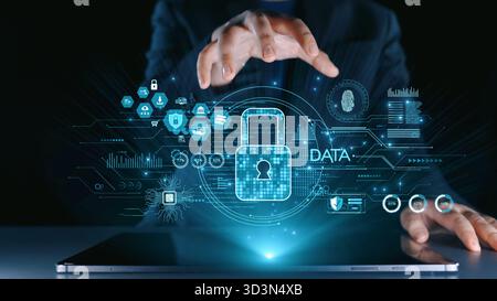 A conceptual image of hands reaching for a digital lock, depicting data protection and cybersecurity in a modern, high-tech environment with abstract Stock Photo
