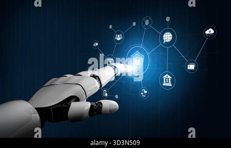 An AI assistant manages a comprehensive cybersecurity network. This smart system provides total protection for digital finance, cloud data, and Stock Photo