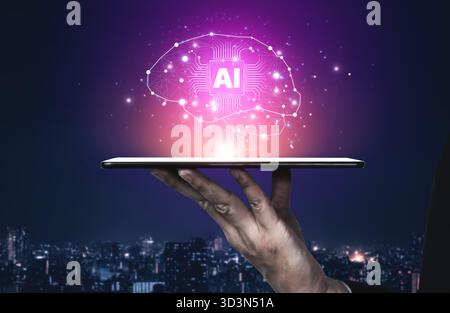 A concept of a deep learning neural network. The AI processor acts as the core of a digital brain, representing the complex algorithms and connections Stock Photo