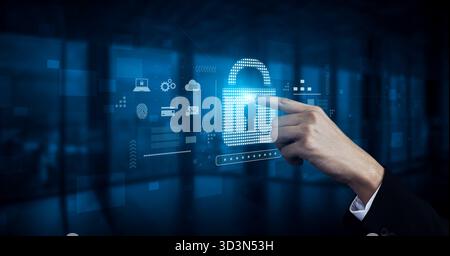 Cybersecurity protection system showing password encryption, fingerprint ID, cloud security, email, credit card, and database lock for secure data Stock Photo