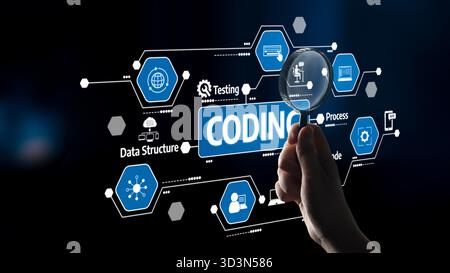 This image depicts a hand holding a magnifying glass focused on a digital coding process. It highlights data structures and testing icons, reflecting Stock Photo