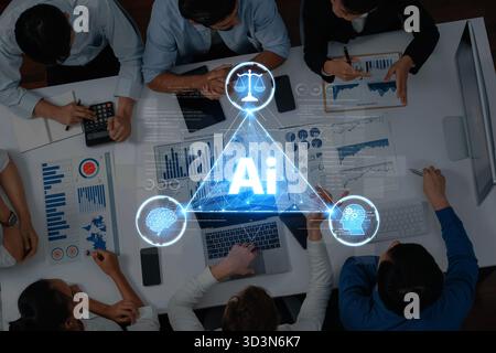 A diverse business team collaborates on data analysis in a modern office, exploring the role of artificial intelligence in decision-making processes Stock Photo
