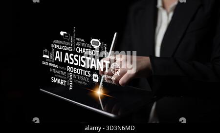 A creative representation of an AI assistant featuring various technology keywords. This image showcases the impact of digital tools on business Stock Photo