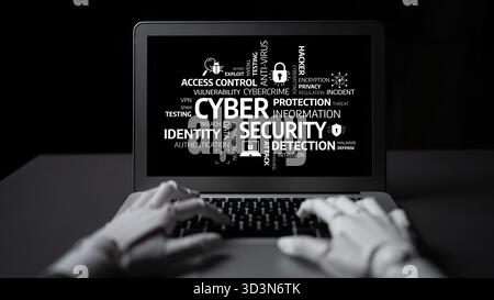 Hands of a robot engage with a laptop that showcases a dynamic word cloud representing cyber security themes, illustrating the importance of digital Stock Photo