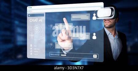 Explore a cutting-edge virtual reality interface designed for engaging chatbot interactions, showcasing automation and AI capabilities in a futuristic Stock Photo