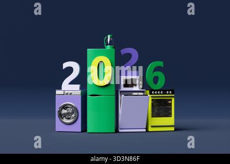 Realistic mockup of a washing machine, dishwasher, stove and refrigerator  and  Happy new year 2026   3d Household appliances for household chores. Stock Photo
