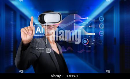 Explore the intersection of generative AI and big data visualization in a high-tech setting, showcasing innovative virtual reality technology and user Stock Photo