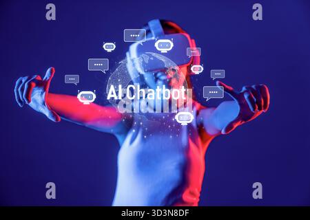 This image showcases a futuristic concept of an AI chatbot integrated with virtual reality elements, emphasizing innovative interaction in a digital Stock Photo