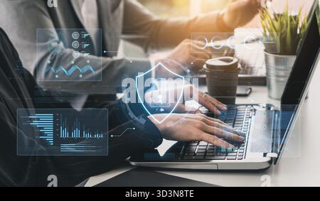 A futuristic cybersecurity dashboard for a Security Operations Center (SOC). The system monitors the network, analyzes data for threats, and provides Stock Photo