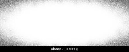 Stippled sand grain gradient texture. Fading sprayed dot frame background. Grunge dotted noise pattern wallpaper. Radial zoom effect border overlay. Vector vignette grainy halfton patern backdrop Stock Vector