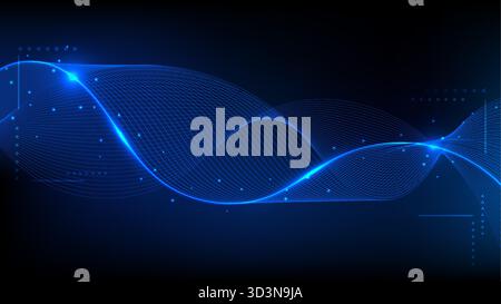 abstract dark blue background features a dynamic, glowing blue wave line and flowing particles. digital media and corporate websites. future technolog Stock Vector